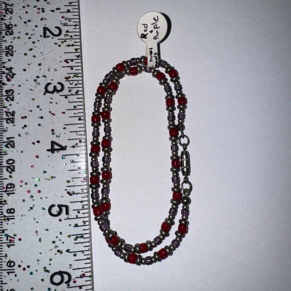 14" Long Red, Purple, and Silver Beaded Necklace - Picture 4 of 9